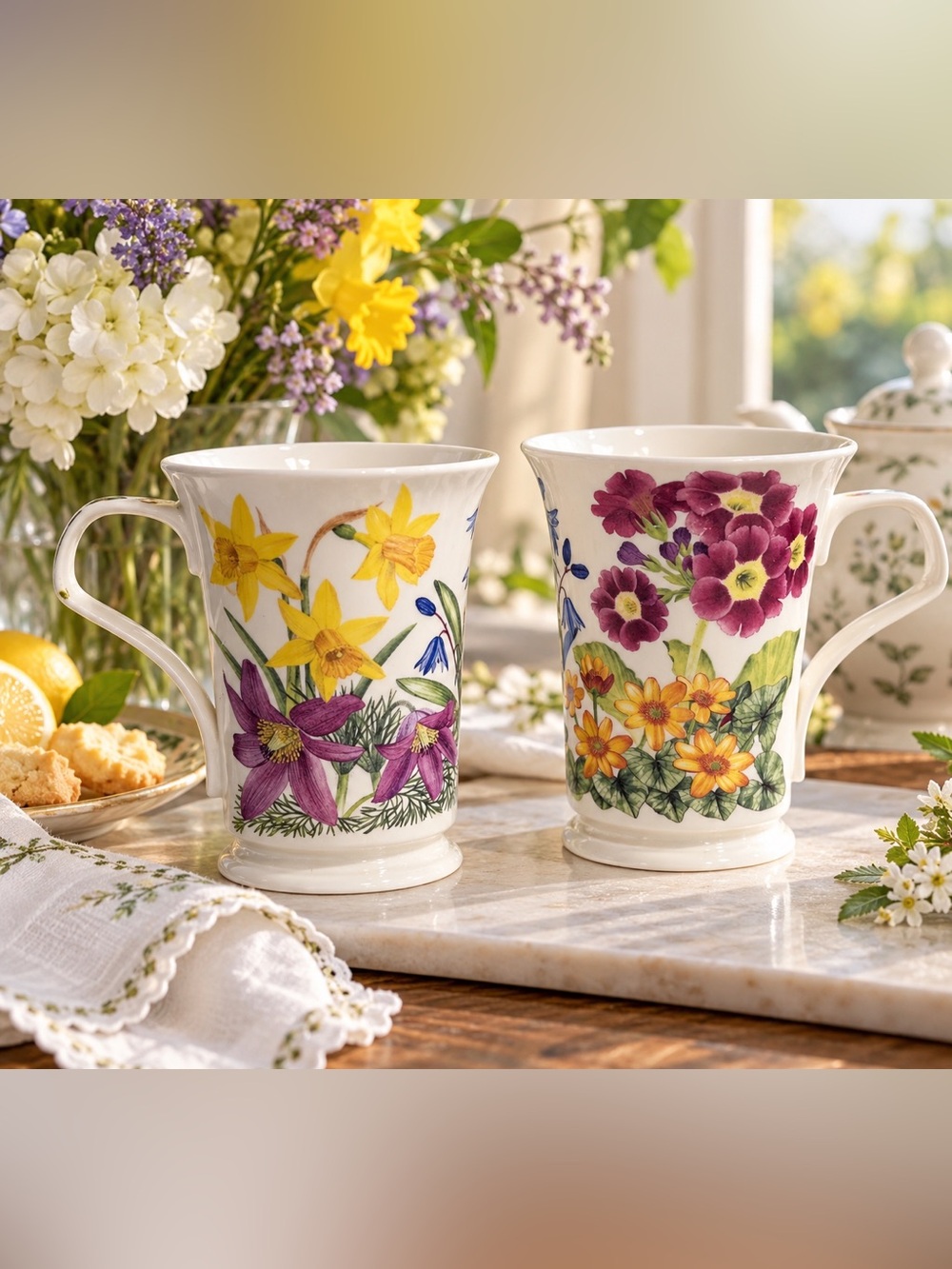 Dunoon Printemps Floral Mugs Set of 2 Fine Bone China England Botanical